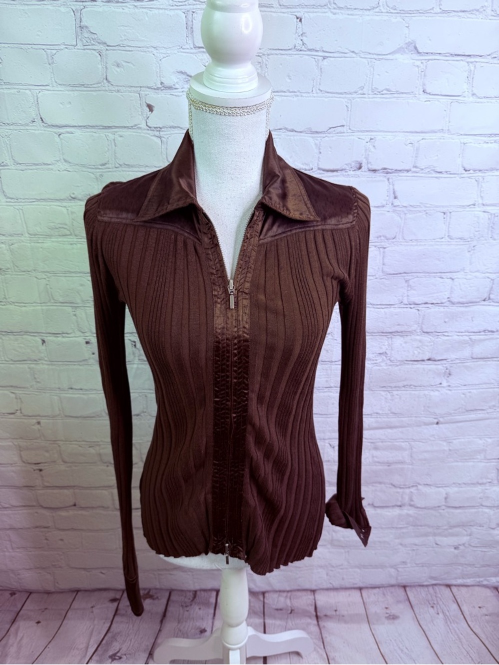 CAbi Silk Blend Brown Zip Front Cardigan Sweater XS